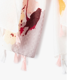 foulard femme a motifs fleuris multicolores et finitions pompons beigeB969201_2