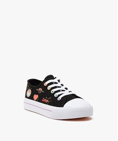 baskets fille en toile avec graffitis et lacets elastiques noir tennis en toileC004801_2