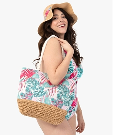 sac de plage femme en toile imprimee et paille multicoloreC086901_4