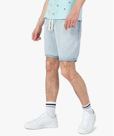 GEMO Bermuda homme en jean avec ceinture élastiquée Bleu