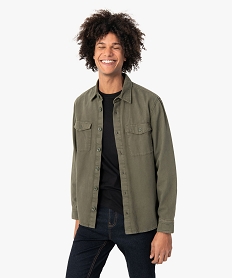 chemise homme unie en toile denim vert chemise manches longuesC110201_2