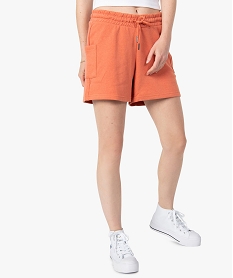 short femme en maille avec ceinture elastiquee orange shortsC131301_2