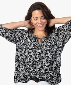 blouse femme grande taille imprimee a manches 34 et col fantaisie noir chemisiers et blousesC153501_2