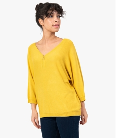 pull femme avec col v zippe et manches chauve-souris jaune pullsC169101_1