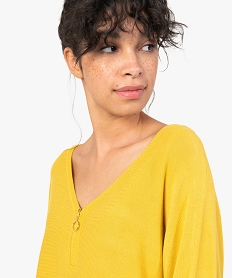 pull femme avec col v zippe et manches chauve-souris jaune pullsC169101_2