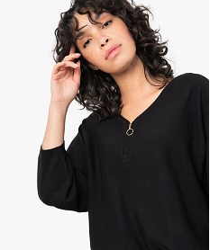 pull femme avec col v zippe et manches chauve-souris noir pullsC169201_2