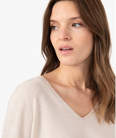 pull femme a paillettes avec col v beige pullsC170401_2