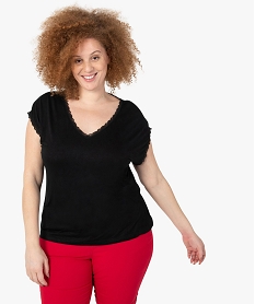 tee-shirt femme grande taille a manches courtes et col v et dentelle noirC173501_1