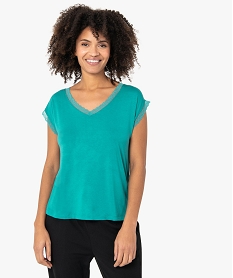 GEMO Tee-shirt femme à manches courtes avec col V en dentelle Vert