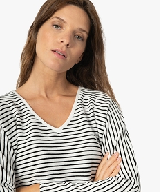 tee-shirt femme raye a manches longues avec col v imprime t-shirts manches longuesC182401_2