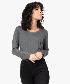 tee-shirt femme a manches longues et col v en dentelle gris t-shirts manches longuesC183901_2