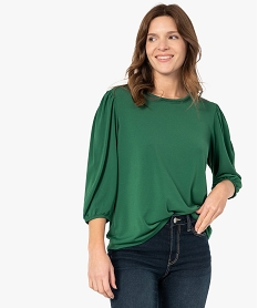 GEMO Tee-shirt femme à manches ¾ froncées et col fantaisie Vert