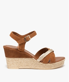 GEMO Sandales femme à talon compensé dessus cuir – Tanéo marron standard