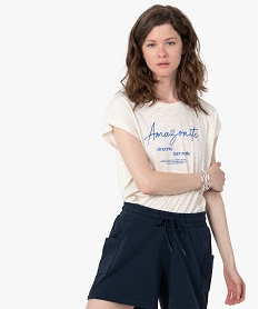 GEMO Tee-shirt femme sans manches avec inscription pailletée Beige