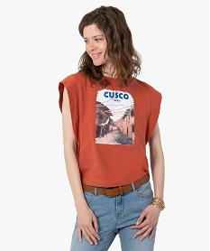 tee-shirt femme sans manches avec motif sur le buste orange t-shirts manches courtesC629201_1
