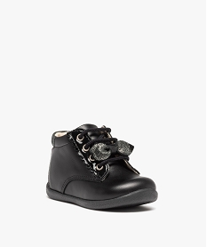 bottillons premiers pas bebe fille dessus cuir uni a lacets noirC712101_2