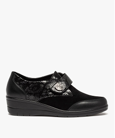 GEMO Derbies femme confort dessus cuir suédé et verni Noir