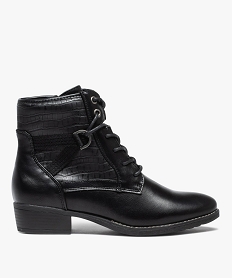 GEMO Boots femme unies à talon plat fermeture lacets et zip Noir