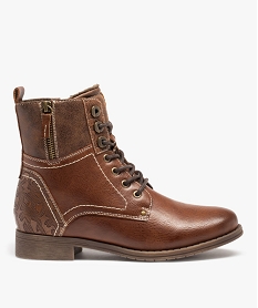 GEMO Bottines femme unies à lacets et talon plat fermeture zip Brun