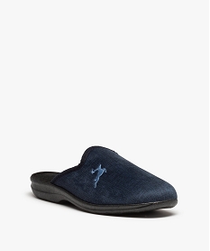 chaussons homme mules en velours ras effet toile brodee bleuC776901_2