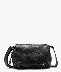 sac femme forme besace avec details zippes et fleurs en relief noir sacs bandouliereC820001_1