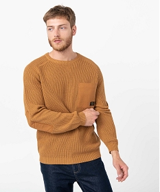 pull homme uni en grosse maille avec empiecements brun pullsC841801_1