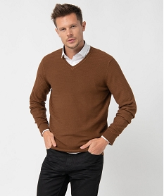 pull homme a col v en maille fantaisie brun pullsC842601_1