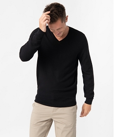 pull homme a col v en maille fantaisie noirC842801_1