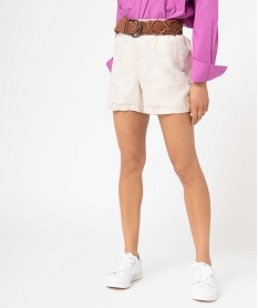 short femme en toile en maille texturee beige shortsC851201_1