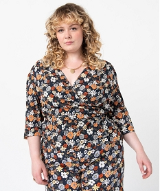 blouse femme grande taille a manches ¾ forme cache-cœur imprime chemisiers et blousesC868601_1