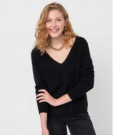 GEMO Pull femme à grand col V fantaisie Noir