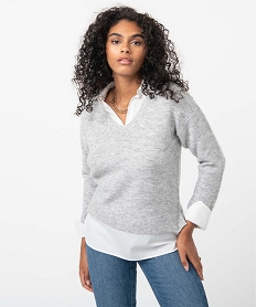 pull femme avec col chemise effet 2 en 1 gris pullsC885001_1