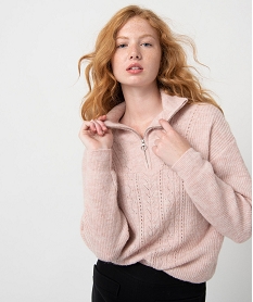 pull femme en maille fantaisie a col camionneur rose pullsC886401_2