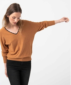 pull femme avec double decollete en v borde de dentelle orange pullsC888401_1