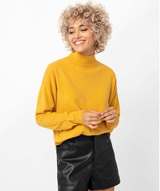 pull femme a col montant en maille fine jaune pullsC889101_1