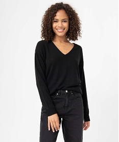 pull femme en maille fine avec large col v noirC889701_2