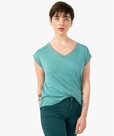 tee-shirt femme a manches courtes avec col v en dentelle bleu t-shirts manches courtesC895701_1