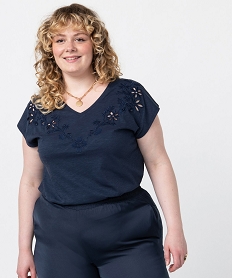 GEMO Tee-shirt femme grande taille brodé sur lavant Bleu