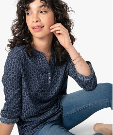 GEMO Tee-shirt femme imprimé à manches longues avec col boutonné Bleu