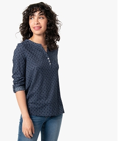tee-shirt femme imprime a manches longues avec col boutonne bleu t-shirts manches longuesC900301_2