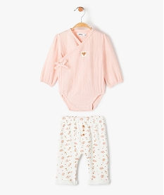 GEMO Ensemble bébé fille 2 pièces : body à manches longues + pantalon souple Rose