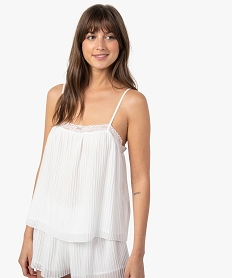 GEMO Haut de pyjama femme plissé avec décolleté en dentelle Blanc