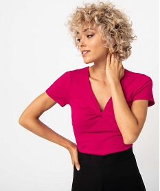 tee-shirt femme en maille cotelee encolure effet noue rose t-shirts manches courtesD056201_2