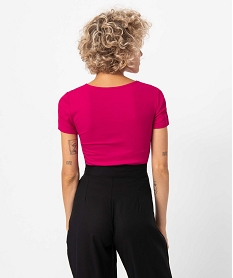 tee-shirt femme en maille cotelee encolure effet noue rose t-shirts manches courtesD056201_3