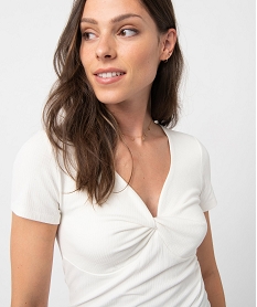 tee-shirt femme en maille cotelee encolure effet noue beige t-shirts manches courtesD056301_2