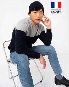 GEMO Pull homme bicolore en maille 3D innovante Bleu