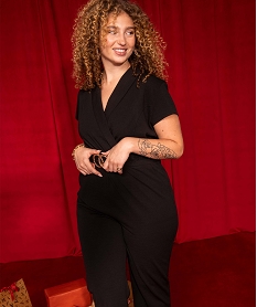 GEMO Combinaison pantalon femme grande taille à manches courtes et col cache-cœur noir standard