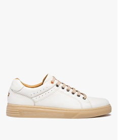 GEMO Baskets homme dessus cuir uni et lacets contrastés – Tanéo Blanc