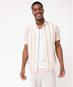 chemise homme rayee a manches courtes en lin melange beige chemise manches courtesD340101_1