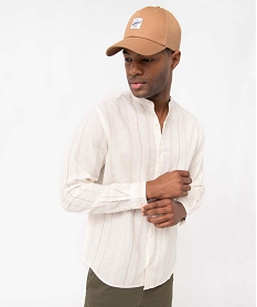 GEMO Chemise homme en lin mélangé rayé à manches longues et col mao Beige